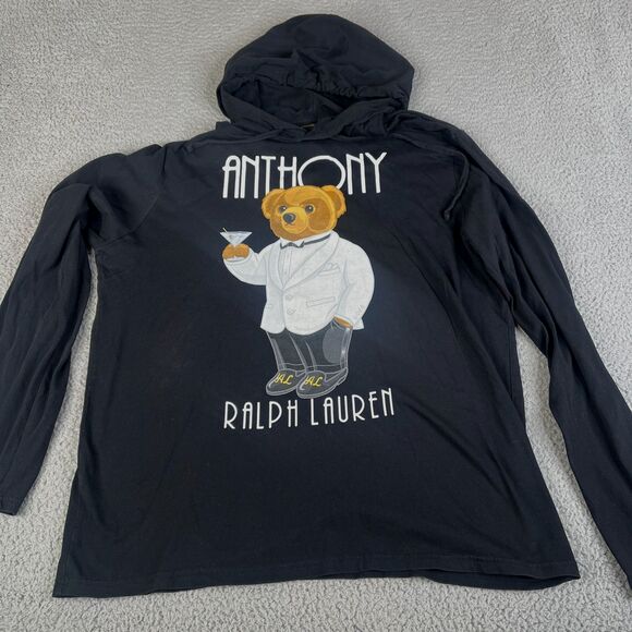 Polo Ralph Lauren Polo Bear Hoodie Mens L Black Knit Sweatshirt 2 Sided Sweater - Picture 1 of 9